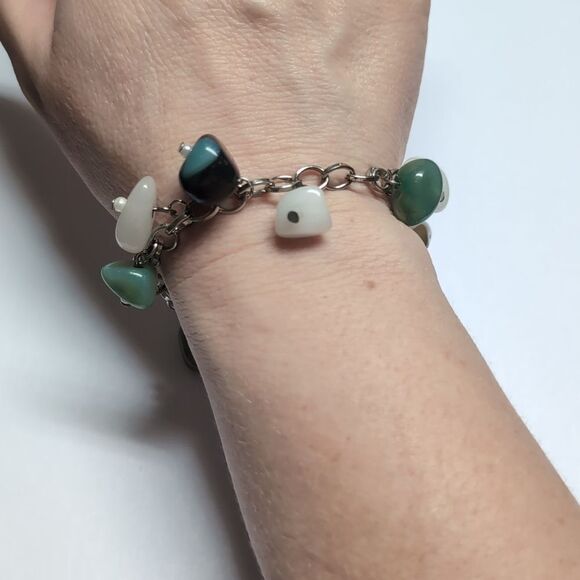 288 Silver‎ Chain Green and White Natural Stones Tennis Bracelet - Picture 1 of 5